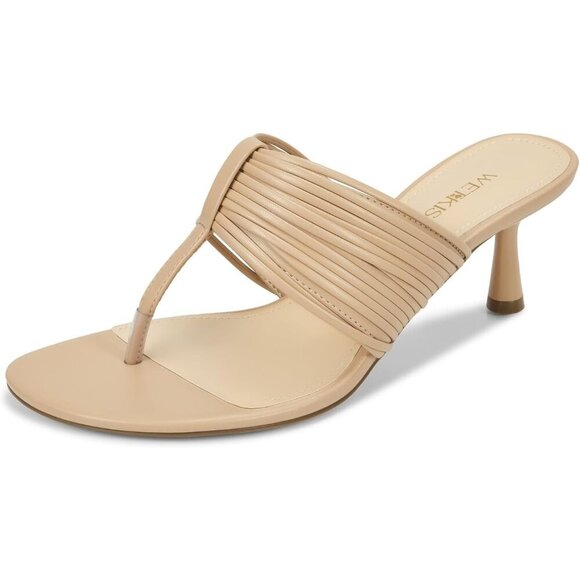 Shoes - Women's Nude Leather 2 Inch Low Heeled Flip Flops with Rounded Open Toe